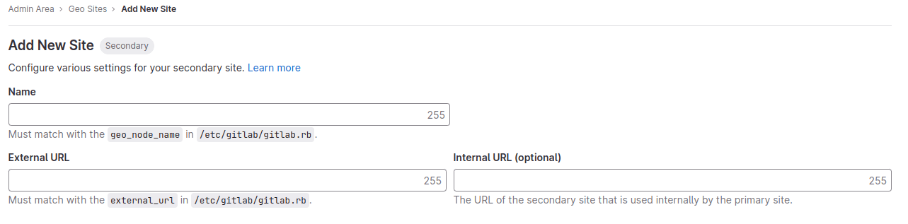 Adding a secondary site in Geo configuration interface