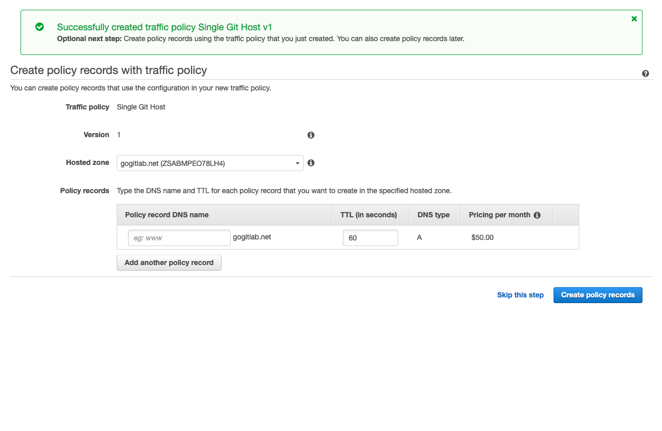 Setting up policy records in traffic policy