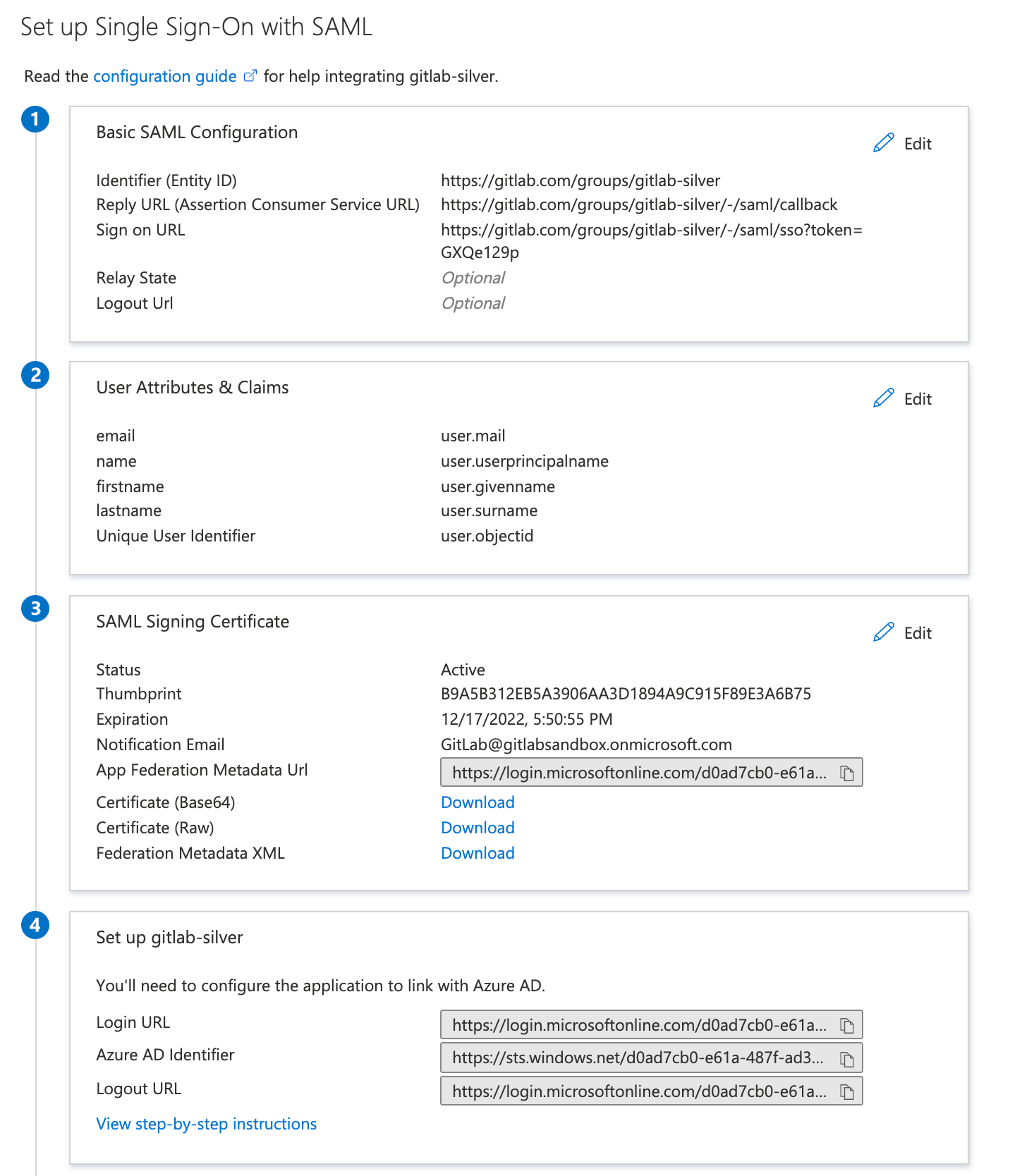 The basic SAML configuration settings in Azure Active Directory.