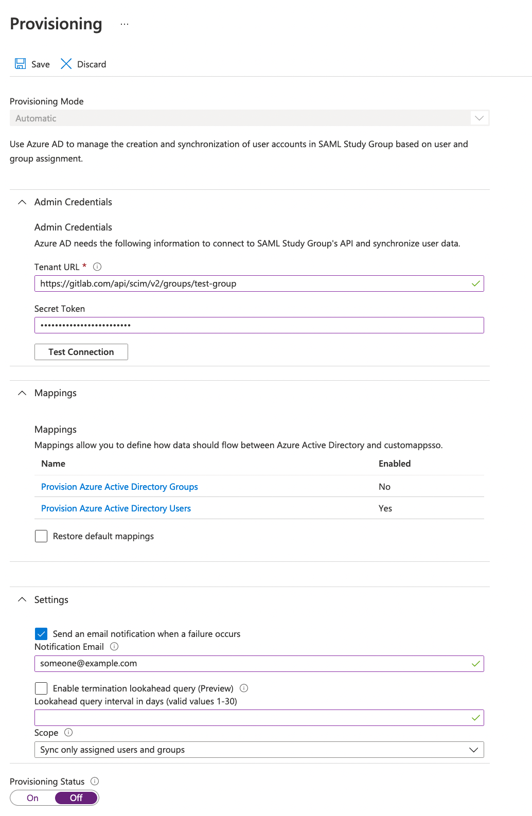 The SCIM provisioning settings in Azure Active Directory.