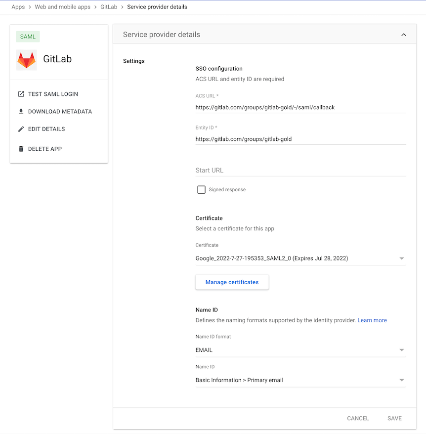 The basic SAML app configuration settings in Google Workspace.