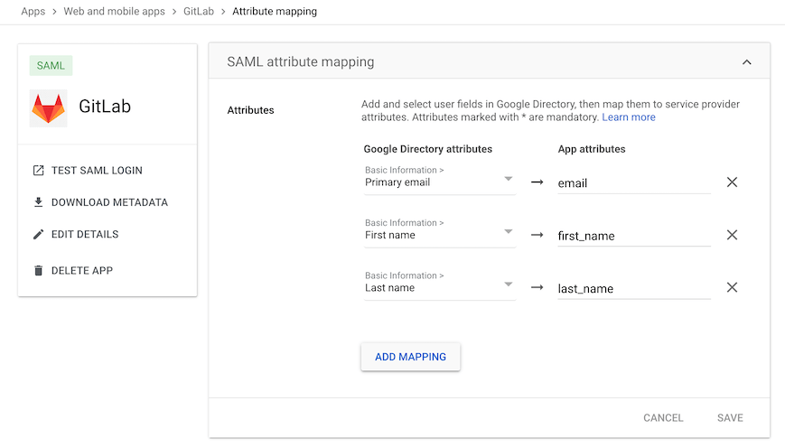 The user claims and attributes configuration in Google Workspace.