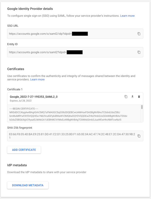 The identity provider links and certificate settings in Google Workspace.