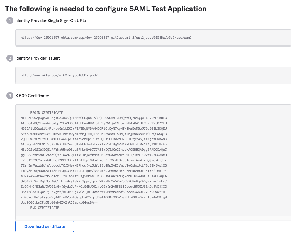 The identity provider links and certificate settings in Okta.