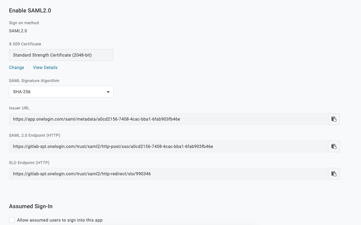 The single sign-on settings and certificate configuration in OneLogin.