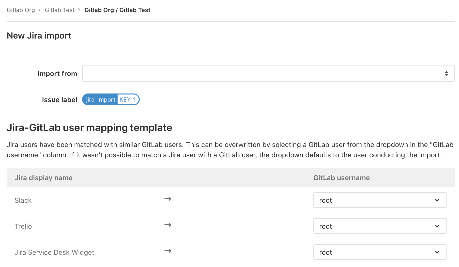 The form for importing Jira issues showing the project selection dropdown list and user mapping table.